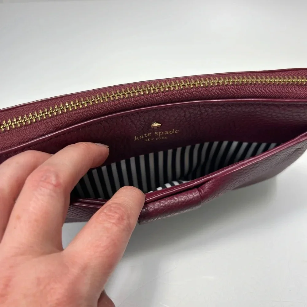 Kate Spade Eden Lane Lacey Zip Around Wallet Merlot Pebbled Leather Bow Accent